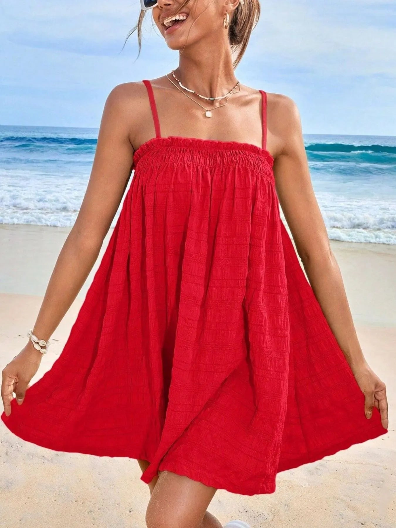 Frill Textured Mini Cami Dress Red