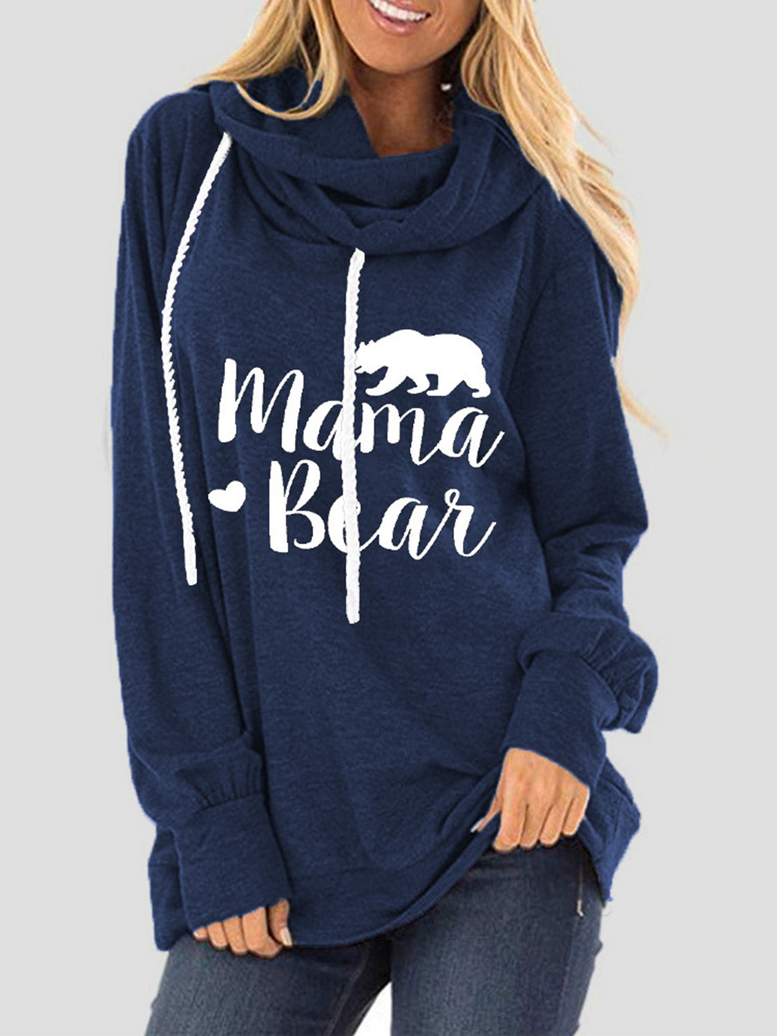 Drawstring Letter Graphic Long Sleeve Hoodie Dark Blue
