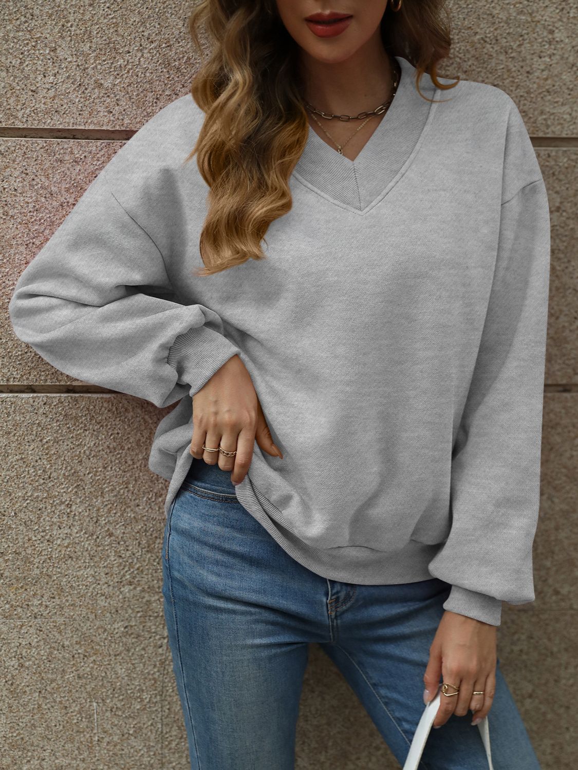 V-Neck Long Sleeve Dropped Shoulder Sweatshirt Light Gray