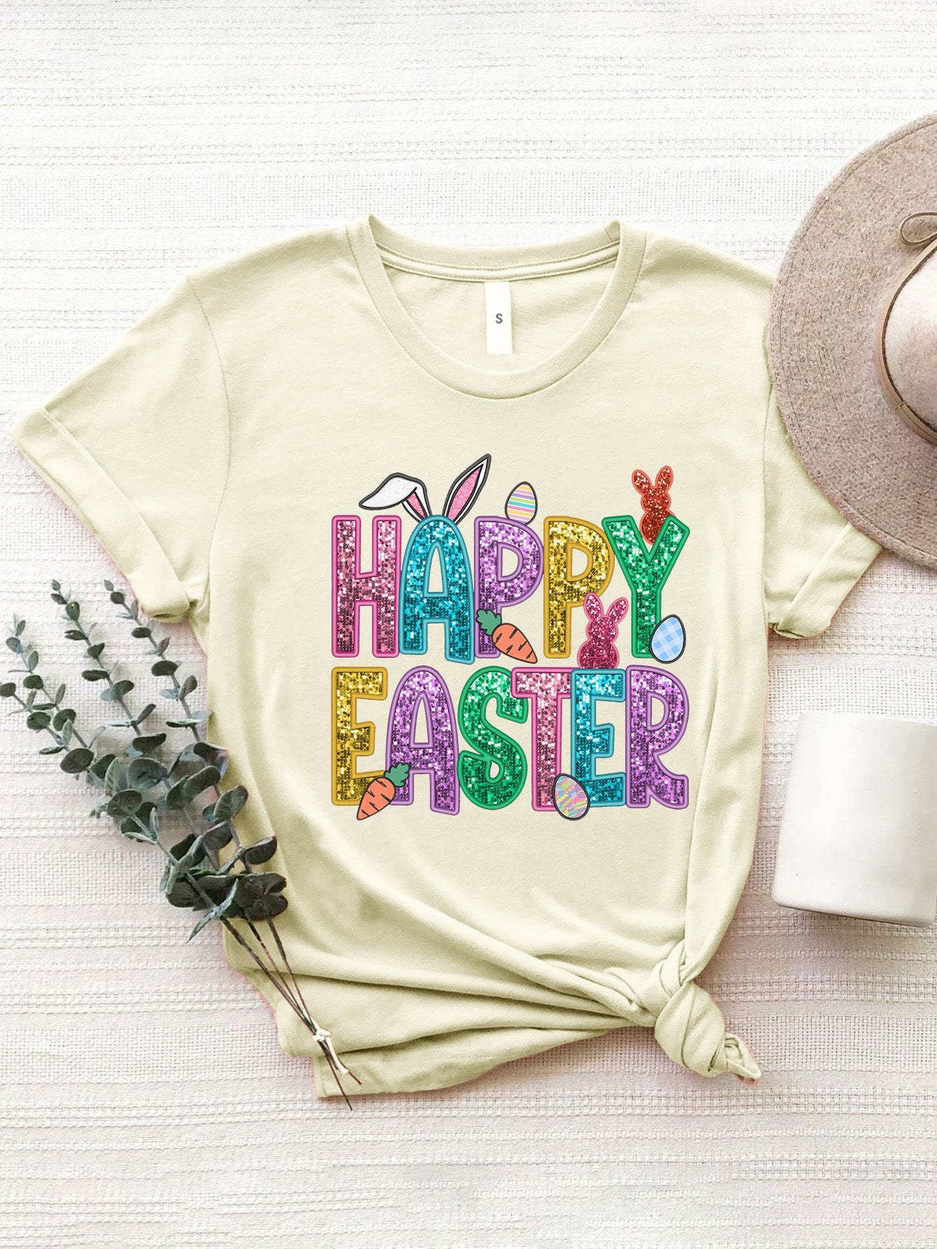 HAPPY EASTER Round Neck Short Sleeve T-Shirt Cream