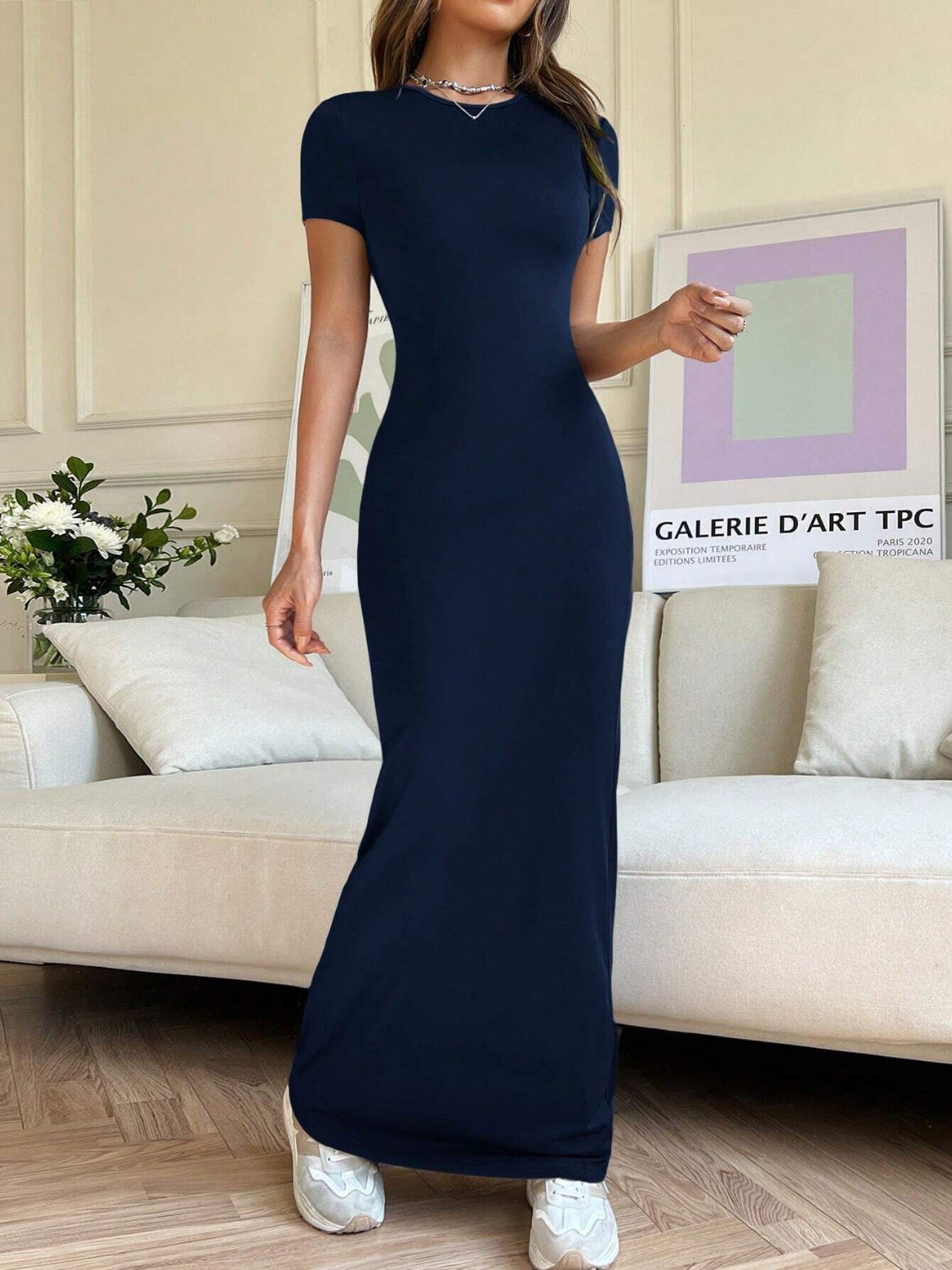 Short Sleeve Maxi Tee Dress Navy