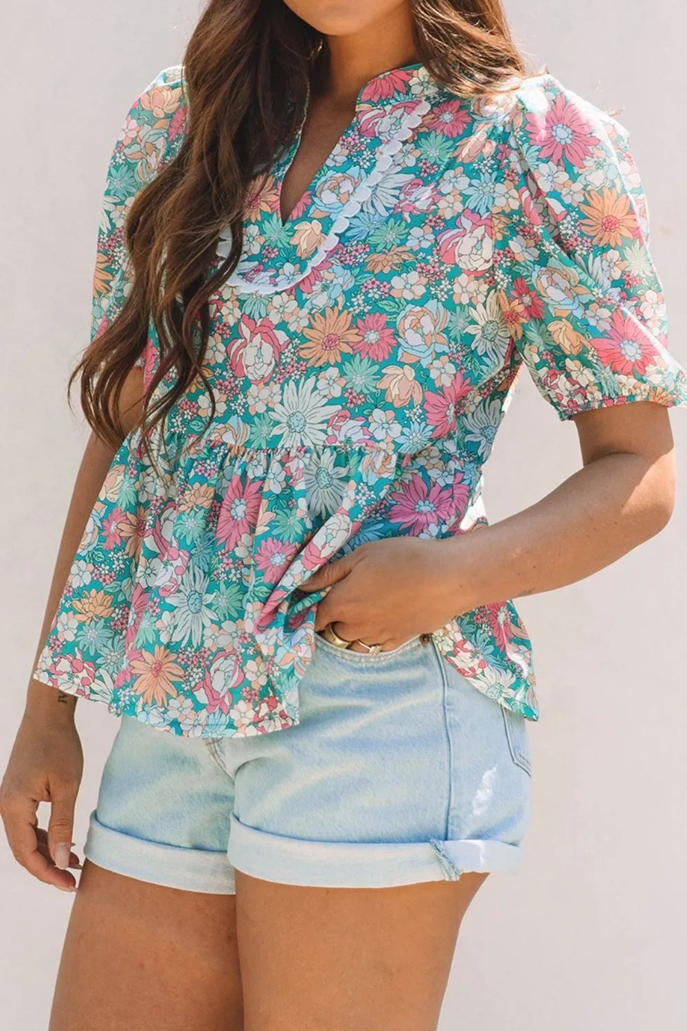 Multicolour Notched Neck Puff Short Sleeve Floral Blouse