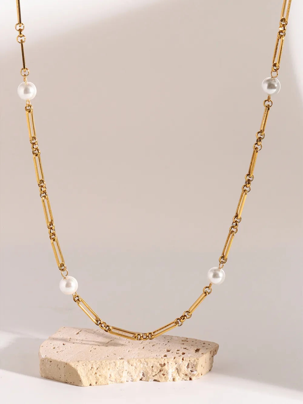 Stainless Steel Pearl Chain Necklace Gold One Size
