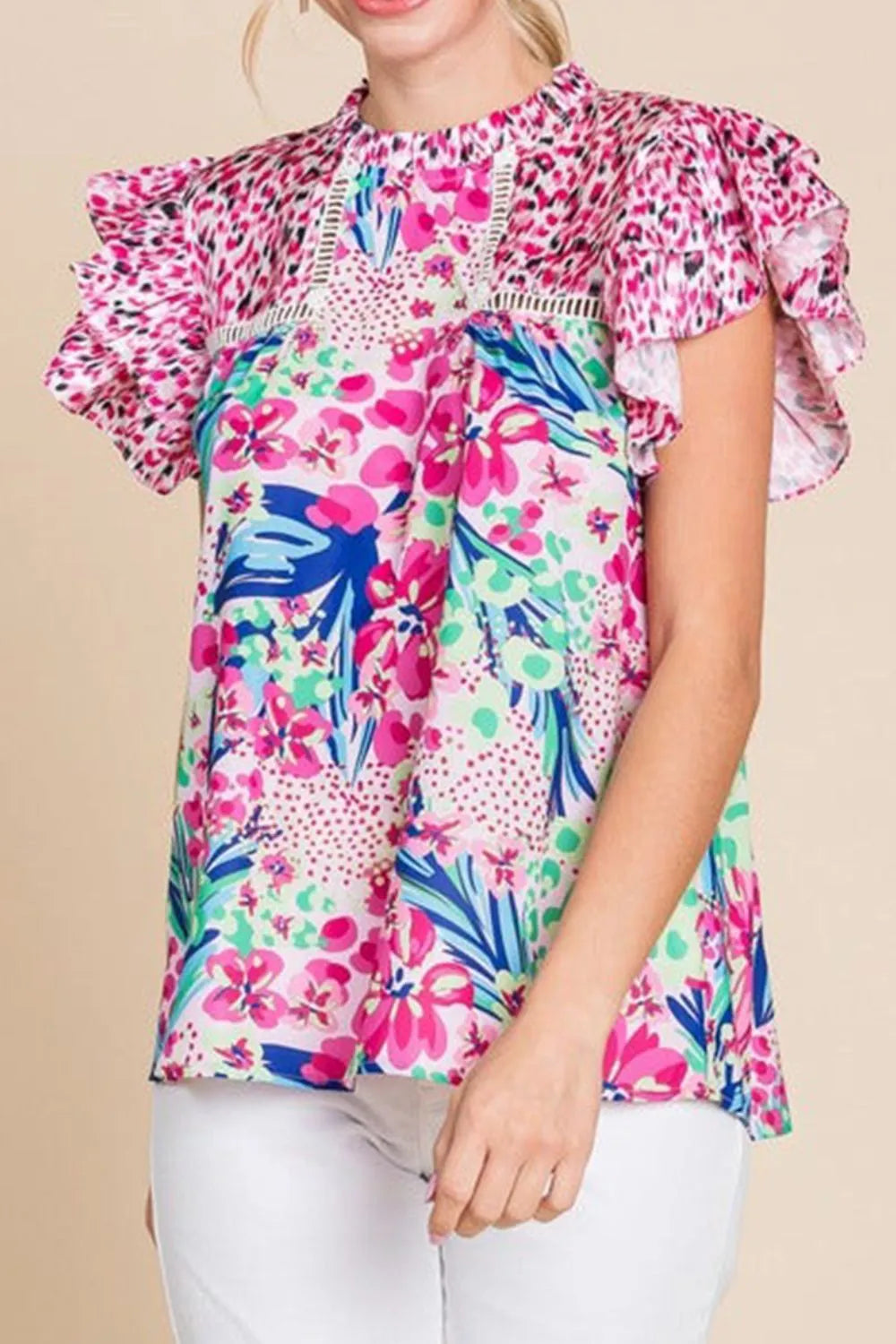 Floral Mixed Print Ruffle Cap Sleeve Blouse