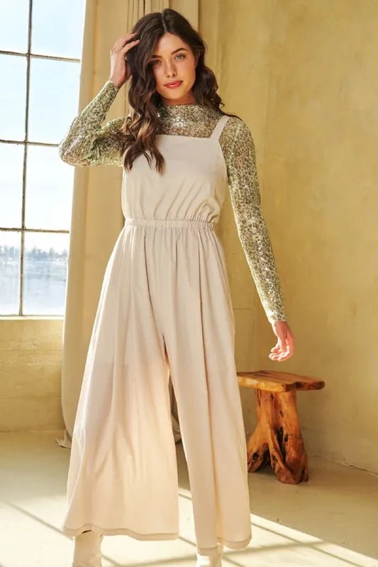 Davi & Dani Creased Wide Legs Elastic Waist Jumpsuit