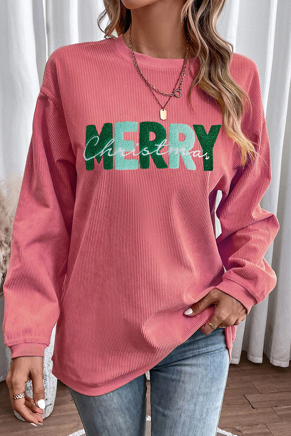 MERRY CHRISTMAS Round Neck Sweatshirt Burnt Coral