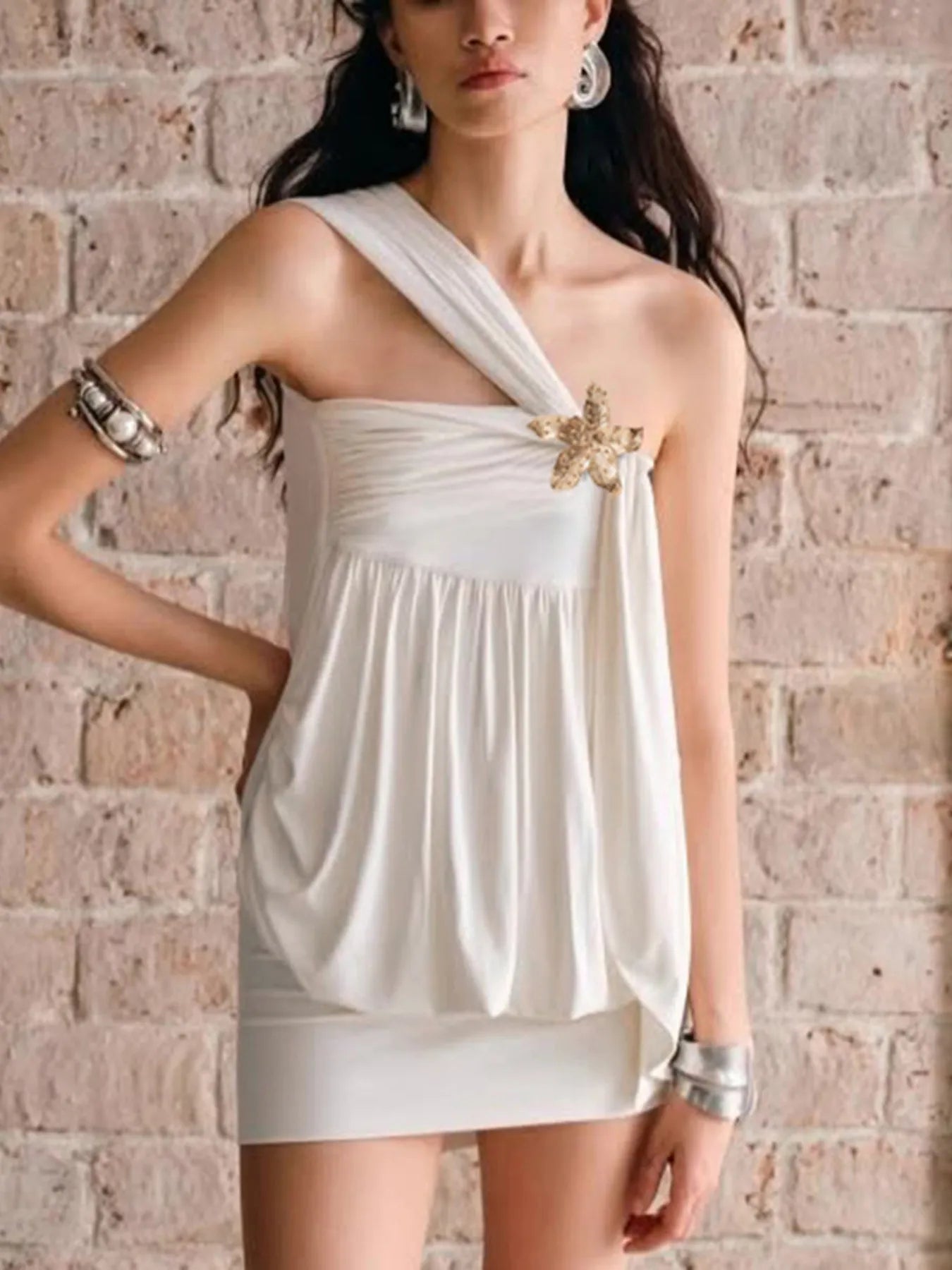 Ruched One-Shoulder Mini Dress White