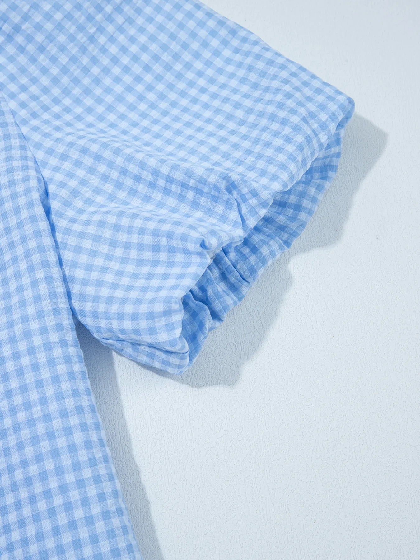 Gingham Print Puff Sleeve Button-Up Shirt