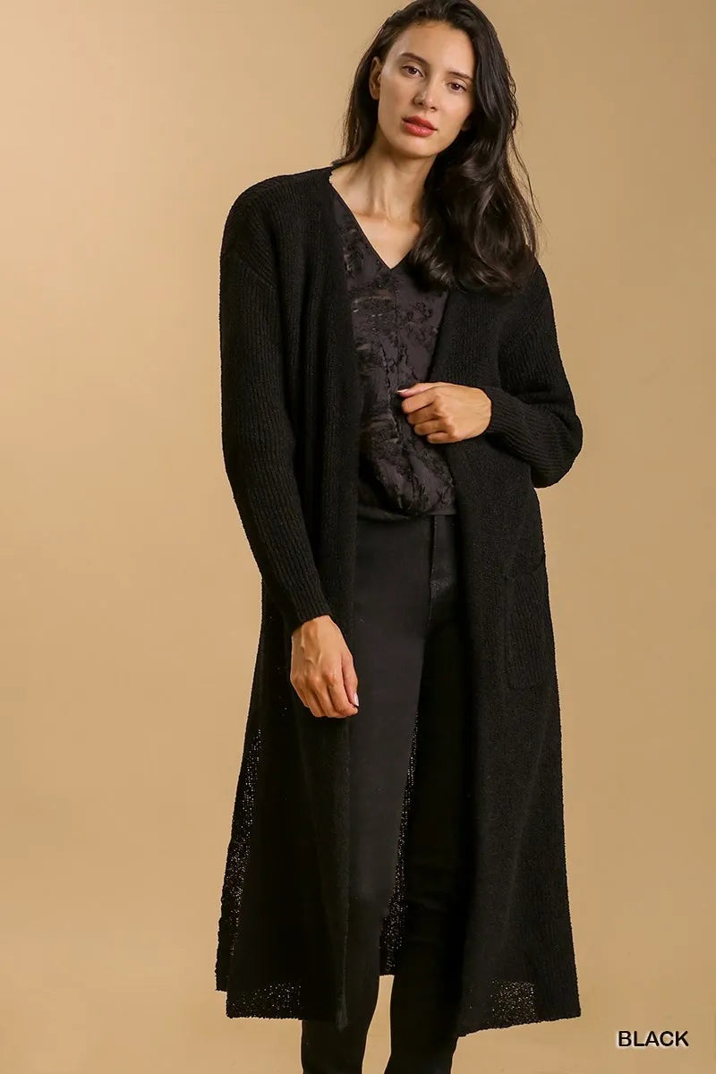 Umgee Full Size Lightweight Open Front Long Cardigan with Side Slit Plus Size Black