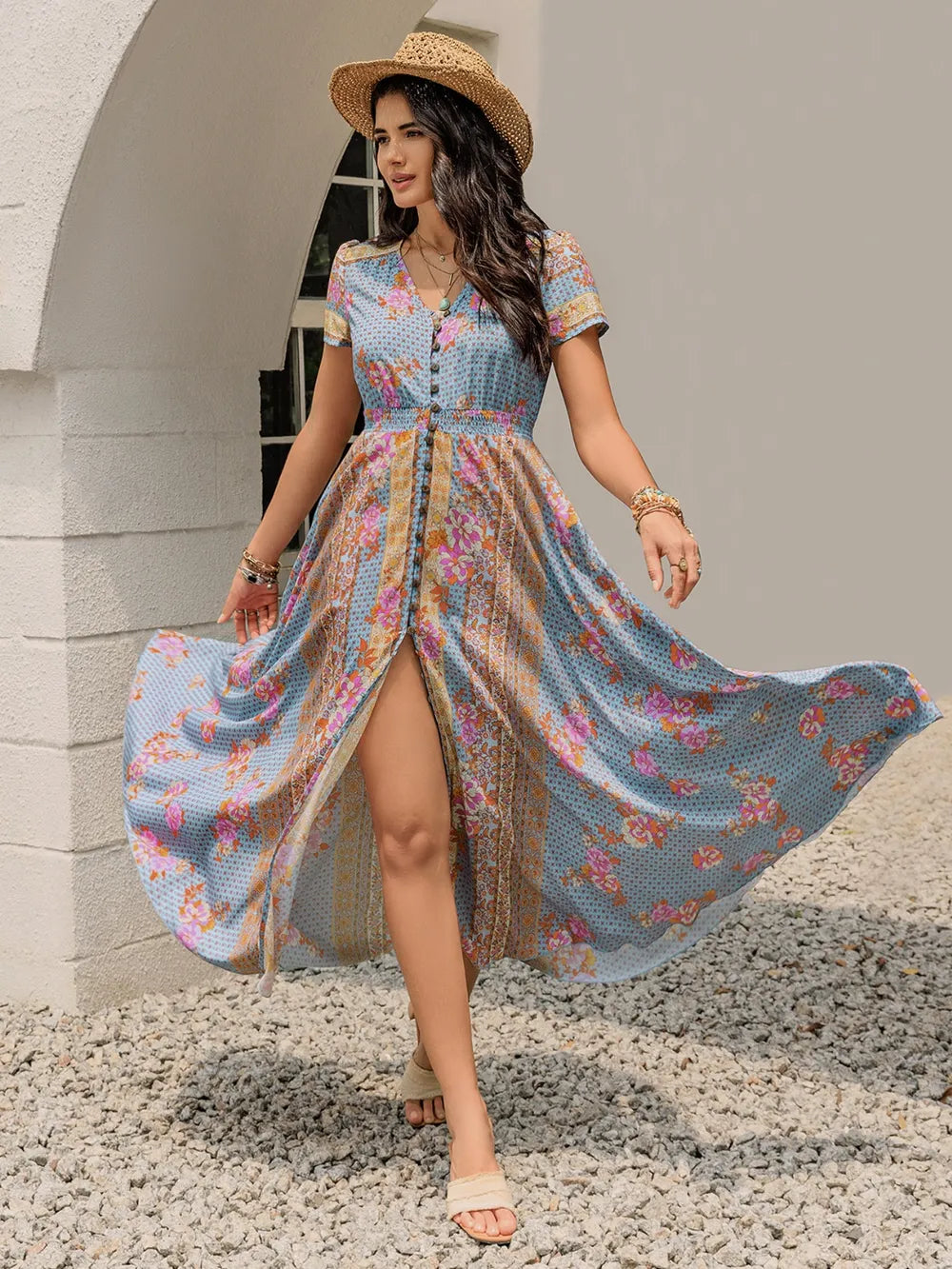 Smocked Floral V-Neck Short Sleeve Midi Dress