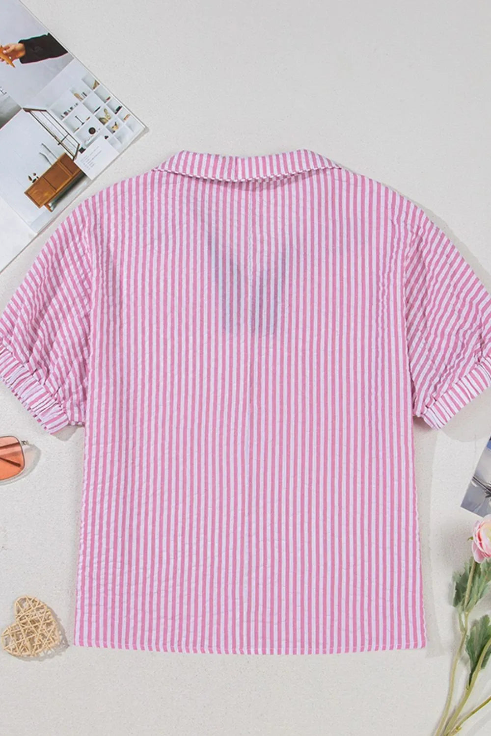 Striped Print Contrast Split Neck Dolman Sleeve Blouse