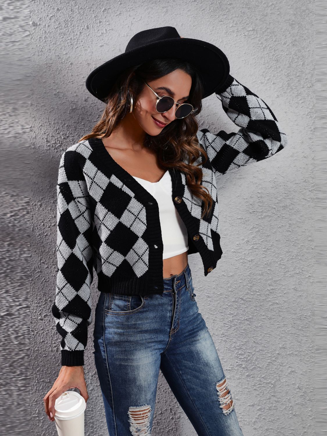 Geometric Button Up Long Sleeve Cardigan Charcoal