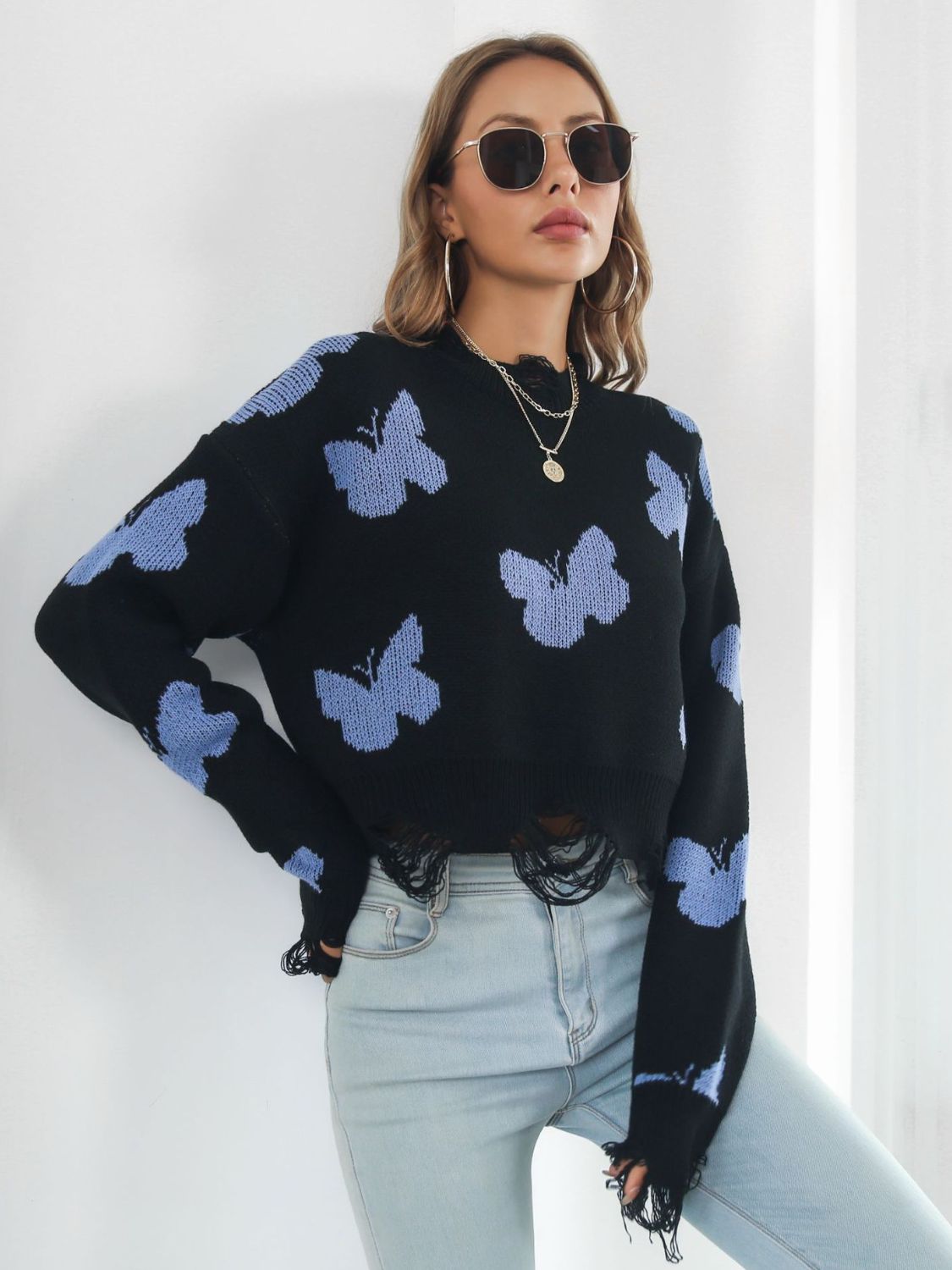 Distressed Butterfly Cropped Sweater Black