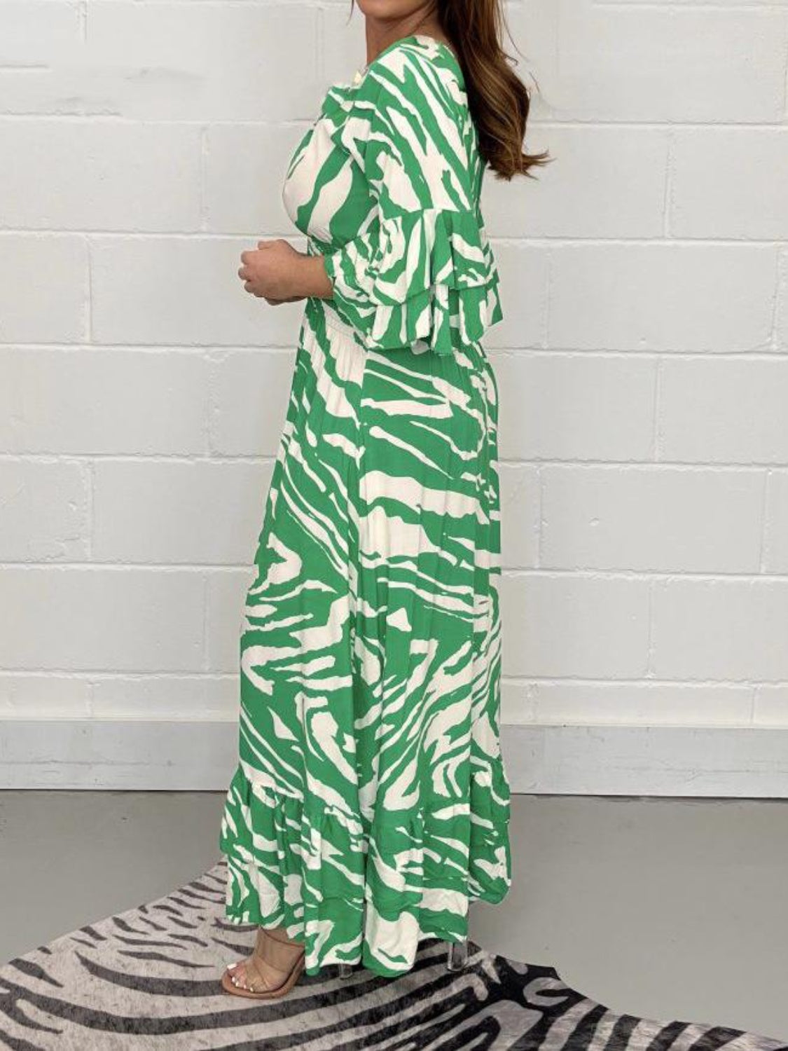 Smocked Printed Flounce Sleeve Maxi Dress Green