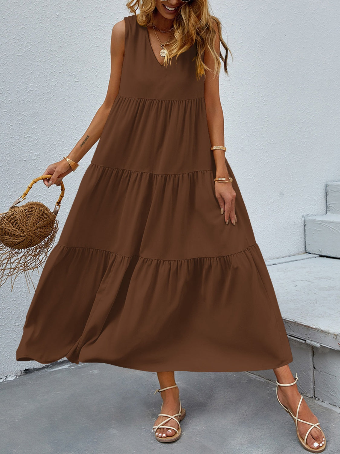FAM-FAM Tiered V-Neck Sleeveless Dress Brown