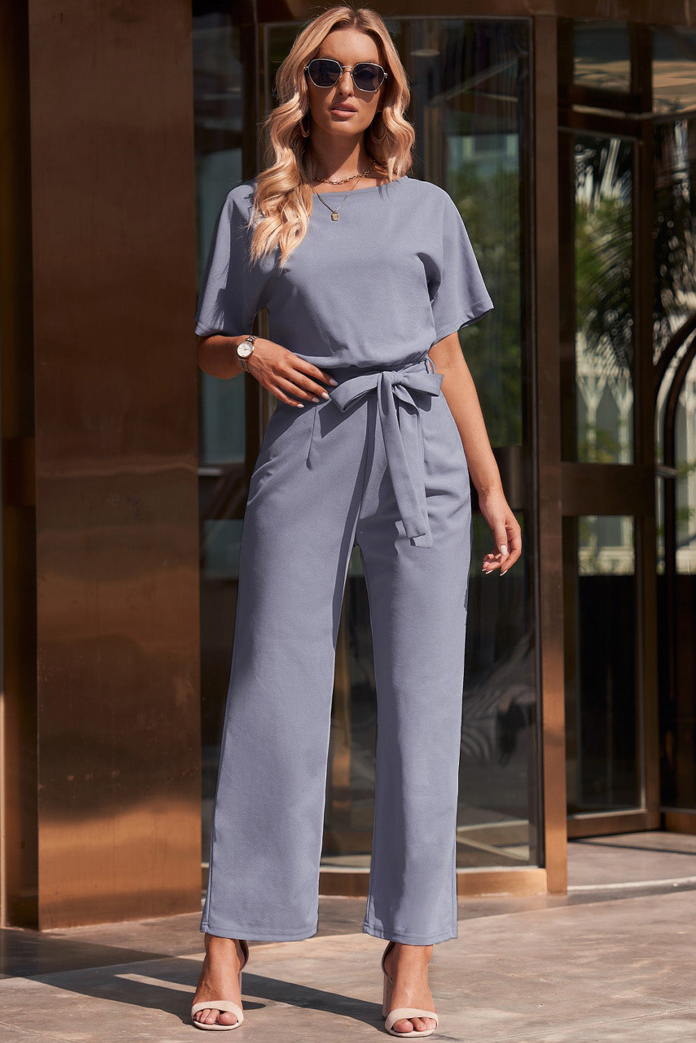 Full Size Tie Waist Straight Leg Jumpsuit Cloudy Blue