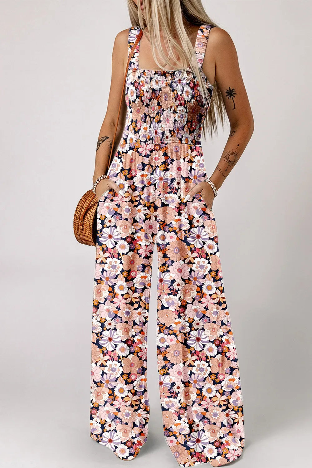 Floral Print Smocked High Waist Square Neck Jumpsuit Dusty Pink