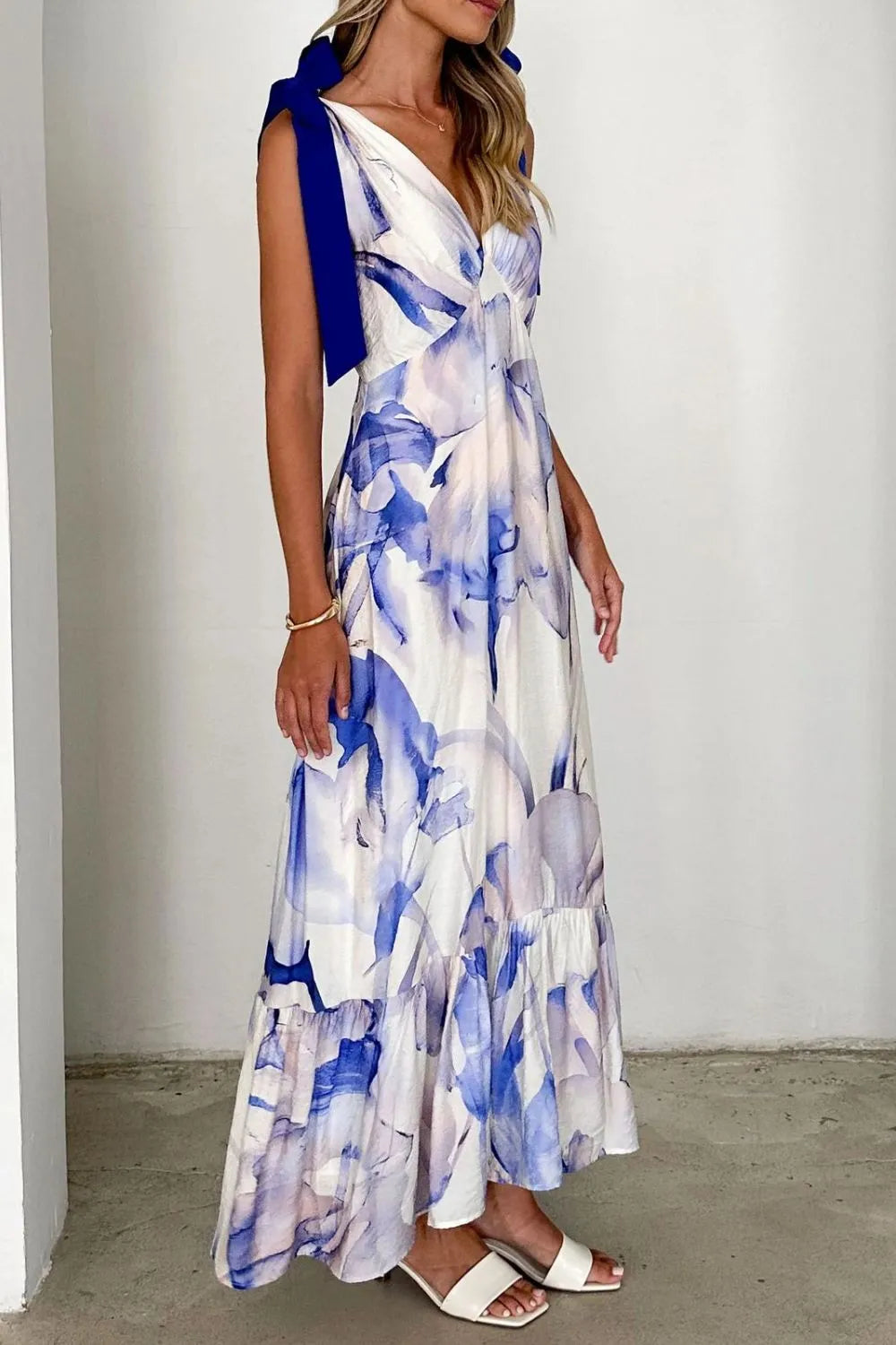 Printed V-Neck Tie Shoulder Midi Cami Dress