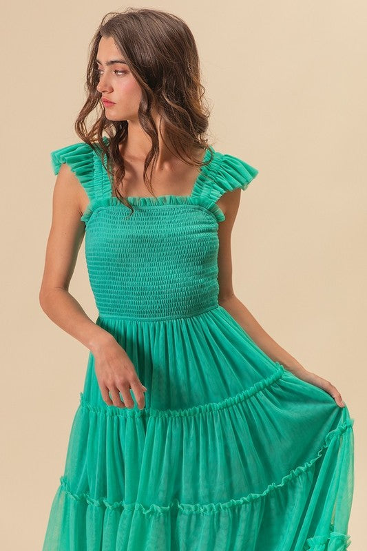 BiBi Frill Mesh Tiered Midi Dress