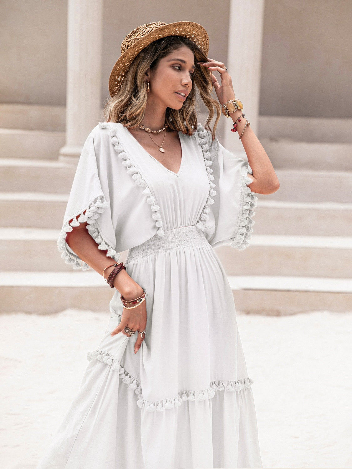 Tassel Trim Smocked V-Neck Short Sleeve Dress White