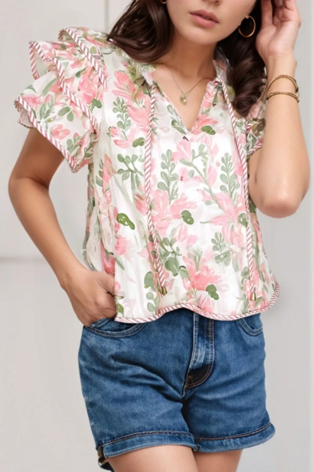Floral Print Flutter Sleeve Tie Neck Blouse Blush Pink