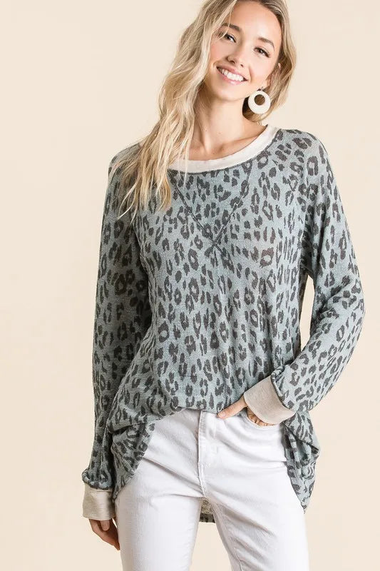 BiBi Leopard Hacci Round Neck Long Sleeve T-Shirt Air Force Blue