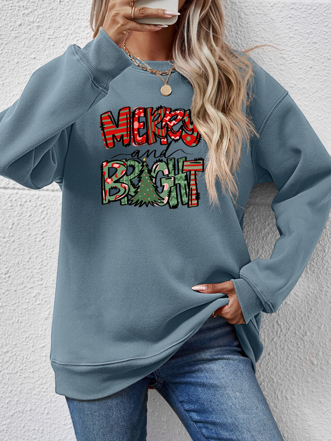 MERRY AND BRIGHT Long Sleeve Sweatshirt French Blue