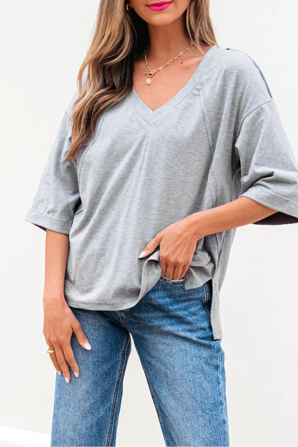 High Raglan Half Sleeve V Neck Oversized T Shirt Gray