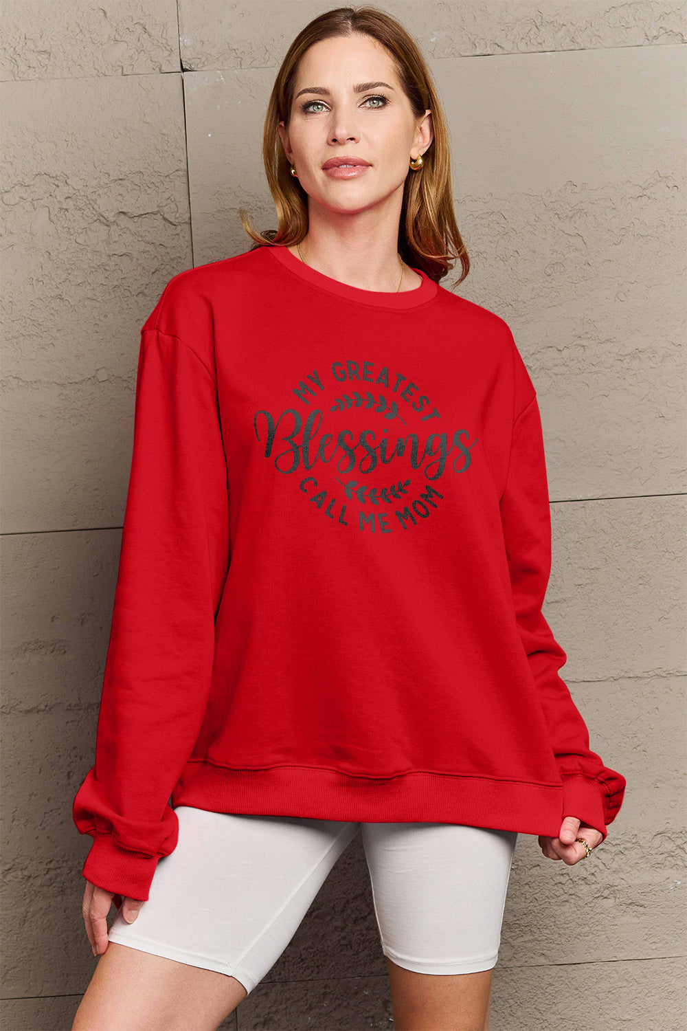 Simply Love Full Size MY GREATEST BLESSINGS CALL ME MOM Round Neck Sweatshirt Burgundy