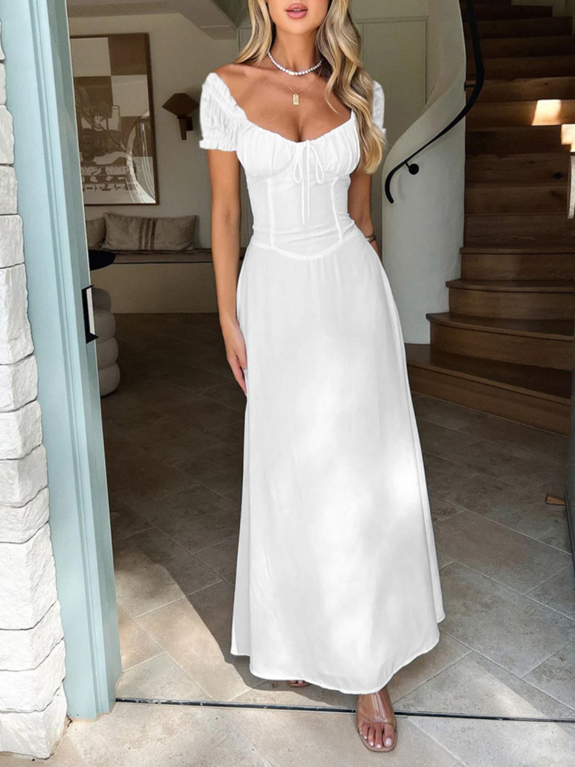 Devine Sweetheart Neck Short Sleeve Maxi Dress White