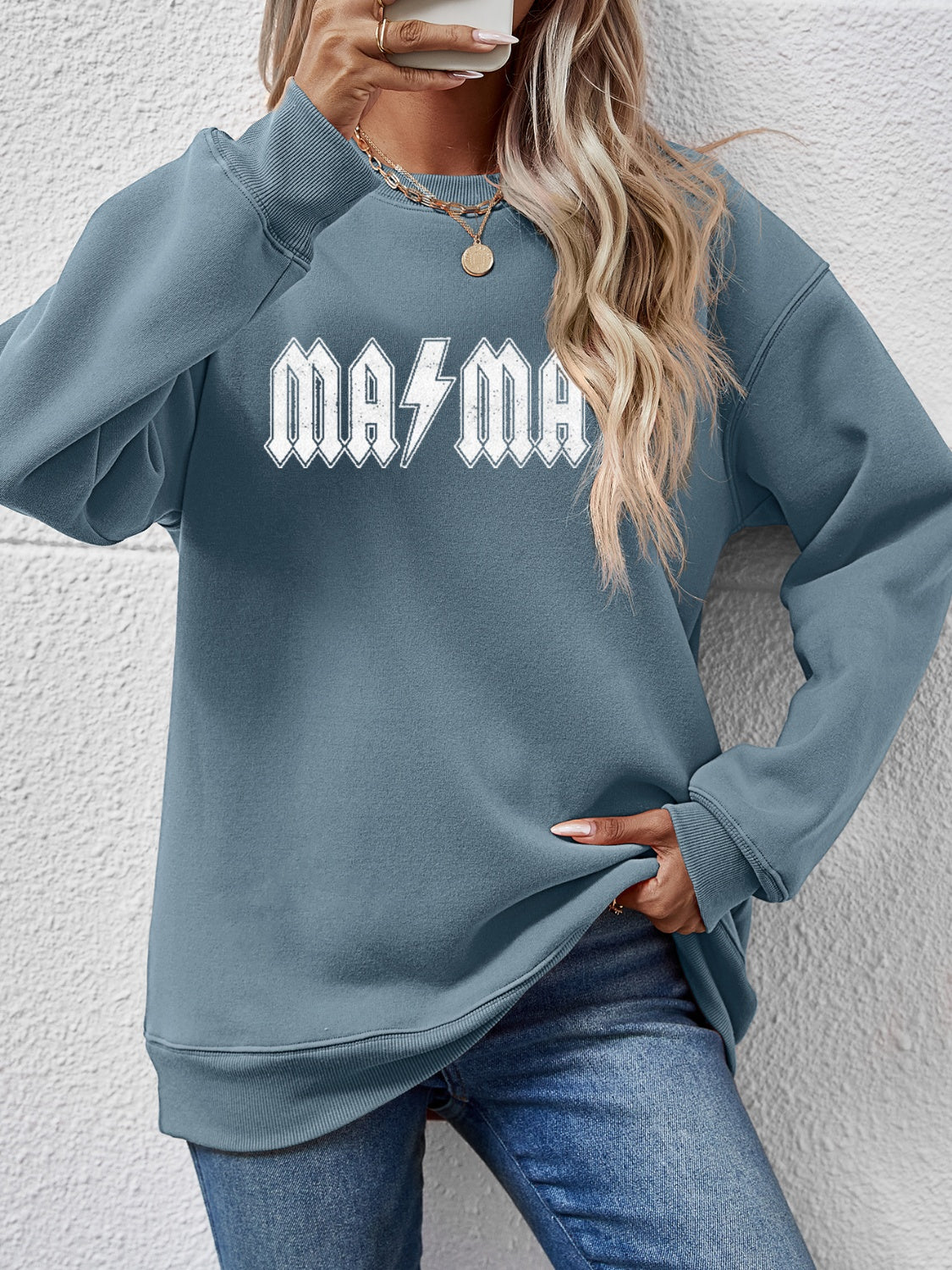 Letter Graphic Dropped Shoulder Sweatshirt Air Force Blue