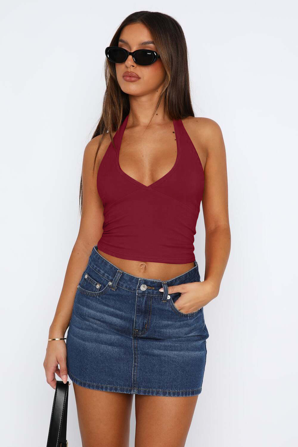 Lovelet Halter Neck Cropped Slim Cami Burgundy