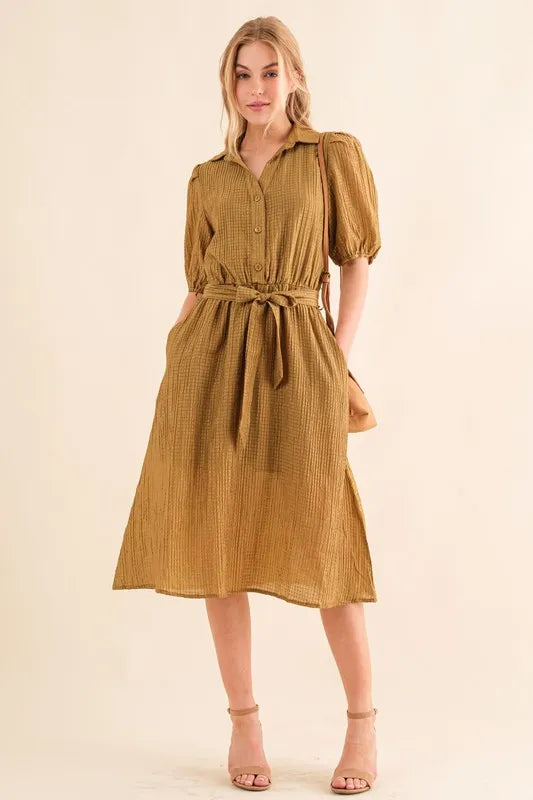 And The Why Waffle Textured Ribbon Waist Midi Dress