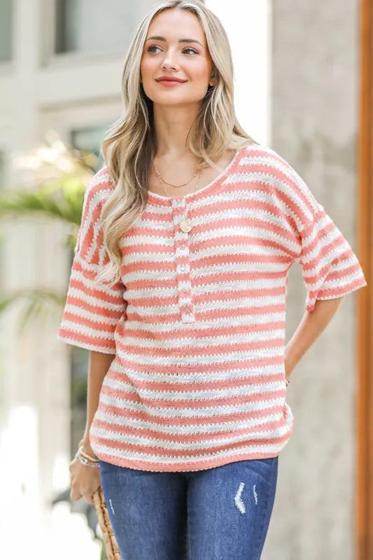 And The Why Stripe Knit Snap Button Front Casual Top