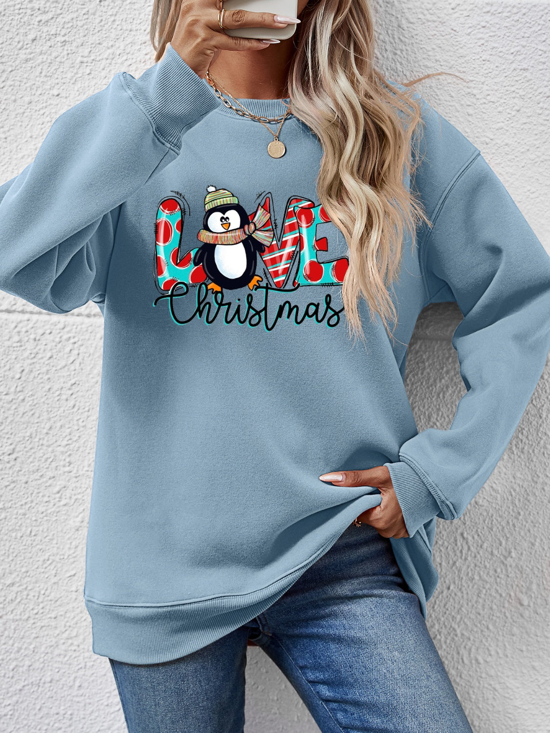 LIVE CHRISTMAS Drop Shoulder Round Neck Sweatshirt Misty Blue