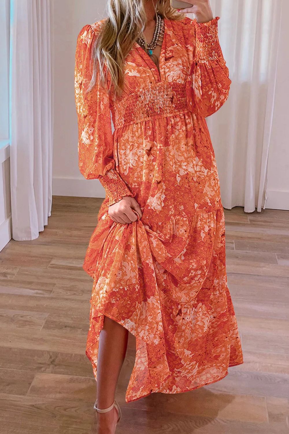 Smocked Printed V-Neck Long Sleeve Dress Orange