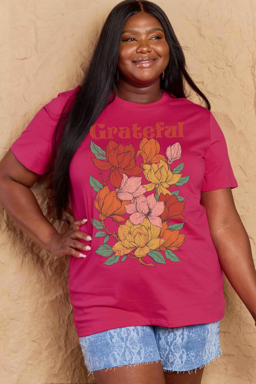 Simply Love Full Size GRATEFUL Flower Graphic Cotton T-Shirt Hot Pink