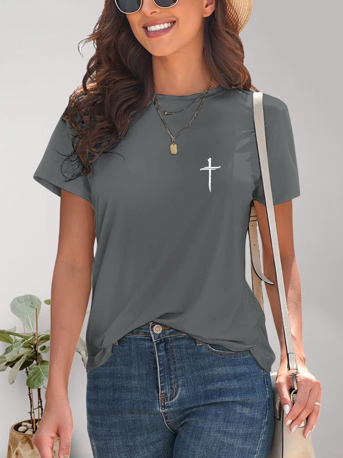 Cross Graphic Round Neck T-Shirt Dark Gray