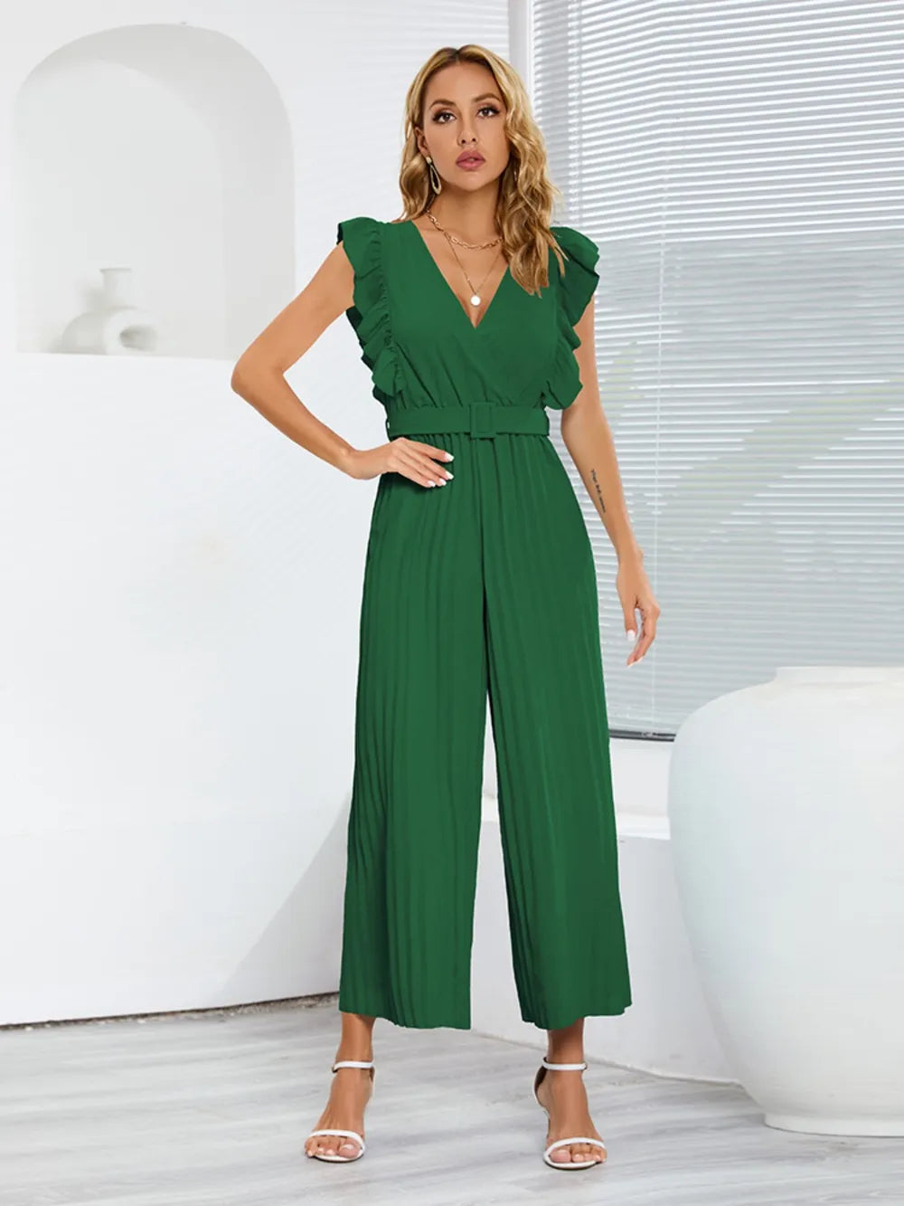 Ruffled Surplice Cap Sleeve Jumpsuit Dark Green