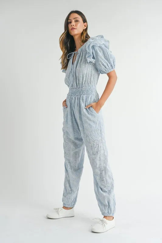 MABLE Eyelet Lace Ruffle Shoulder Jumpsuit