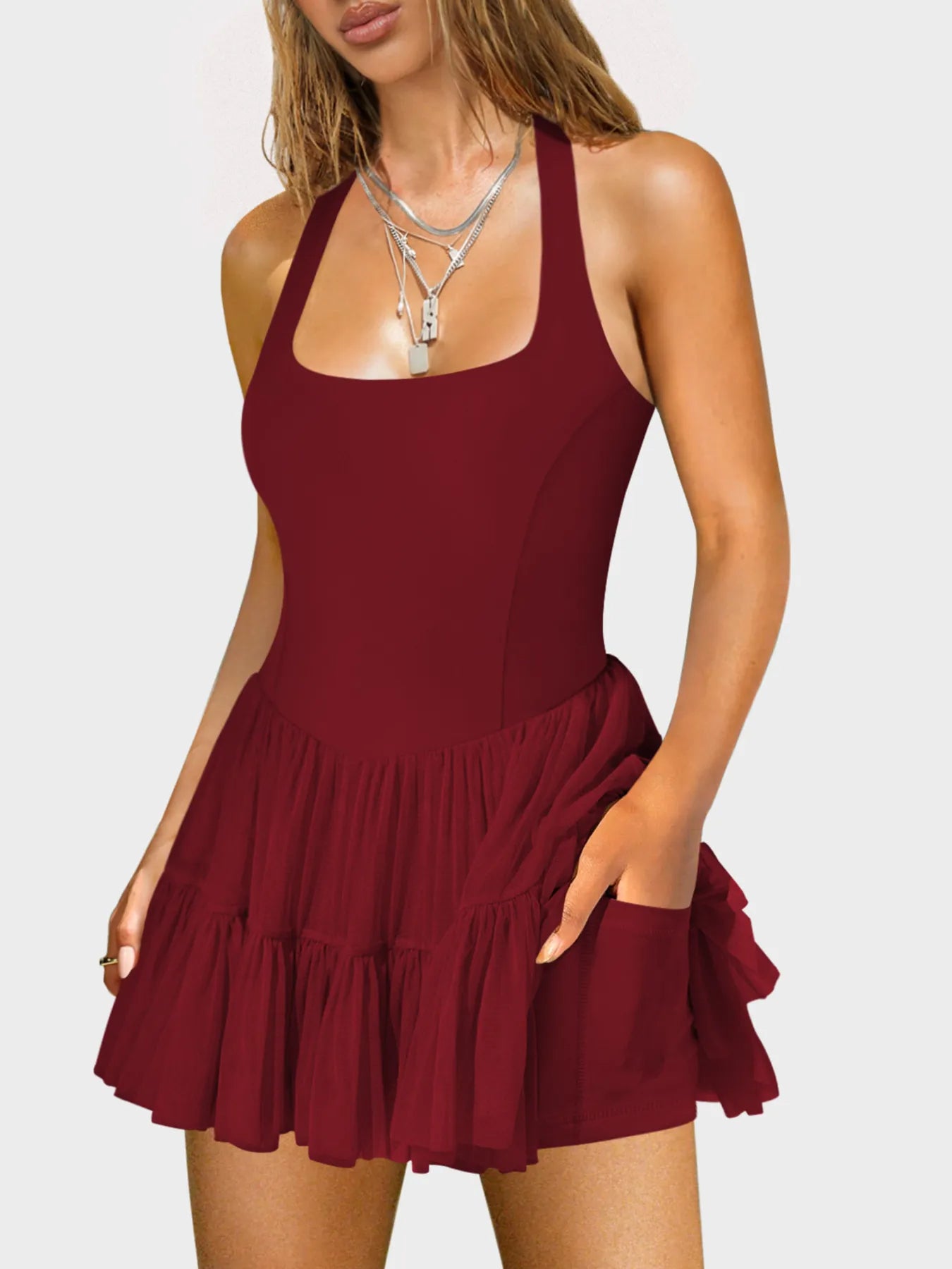 Crisscross Back Square Neck Mini Dress Burgundy