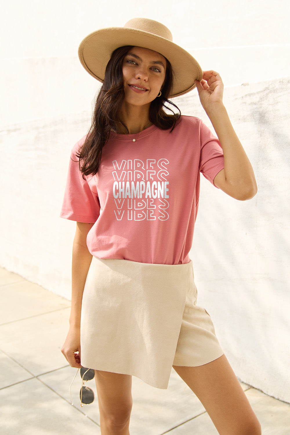 Simply Love Full Size CHAMPAGNE VIBES Short Sleeve T-Shirt Dusty Pink