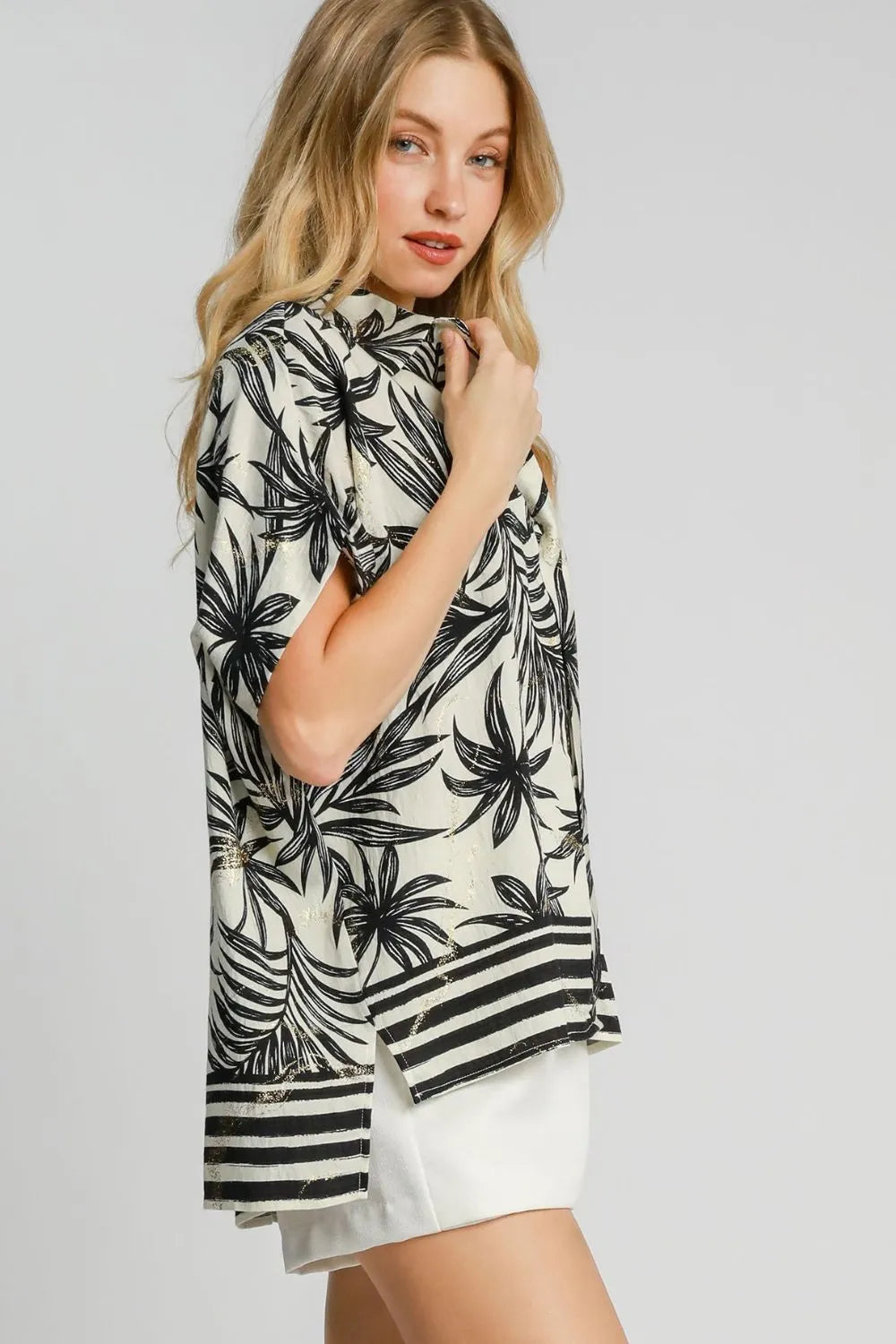 Umgee Full Size Tropical Print Button Down Shirt Plus Size