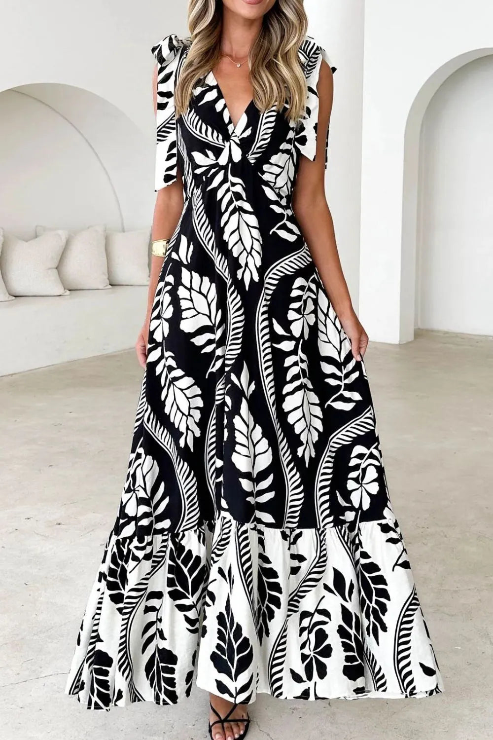 Printed V-Neck Tie Shoulder Midi Cami Dress