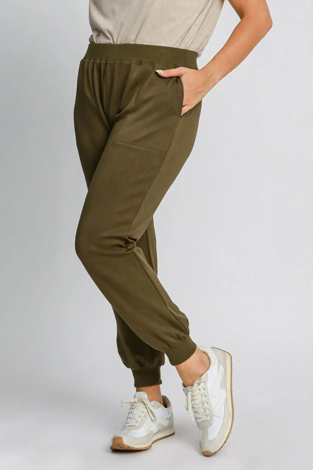 Umgee Full Size High Rise Elastic Waist Knit Joggers with Pockets Plus Size