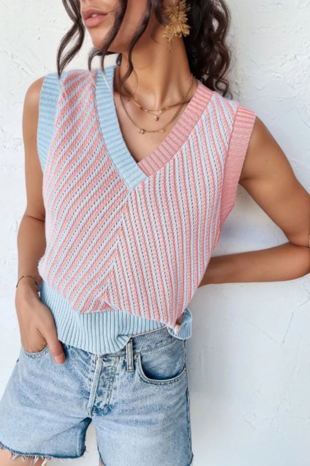 V-Neck Contrast Sweater Vest Blush Pink