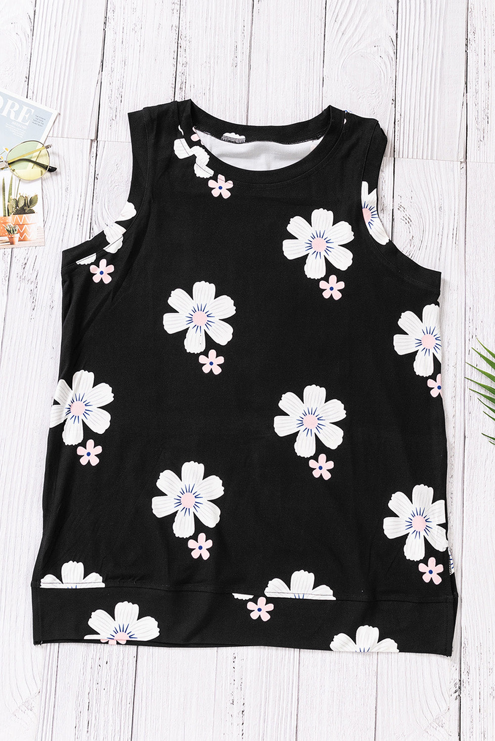 Printed Side Slit Round Neck Tank Black