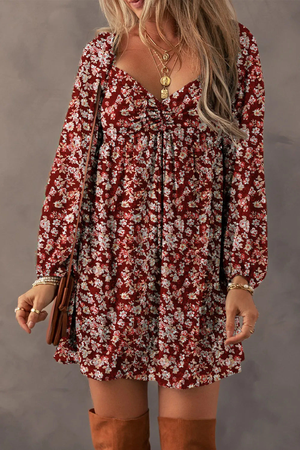 Ruched Printed Long Sleeve Mini Dress Burgundy