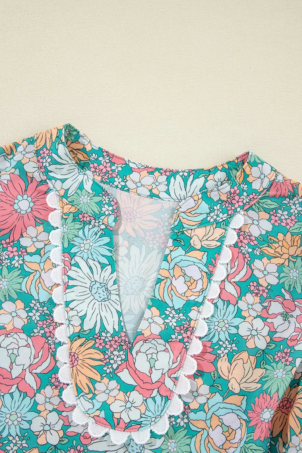 Multicolour Notched Neck Puff Short Sleeve Floral Blouse