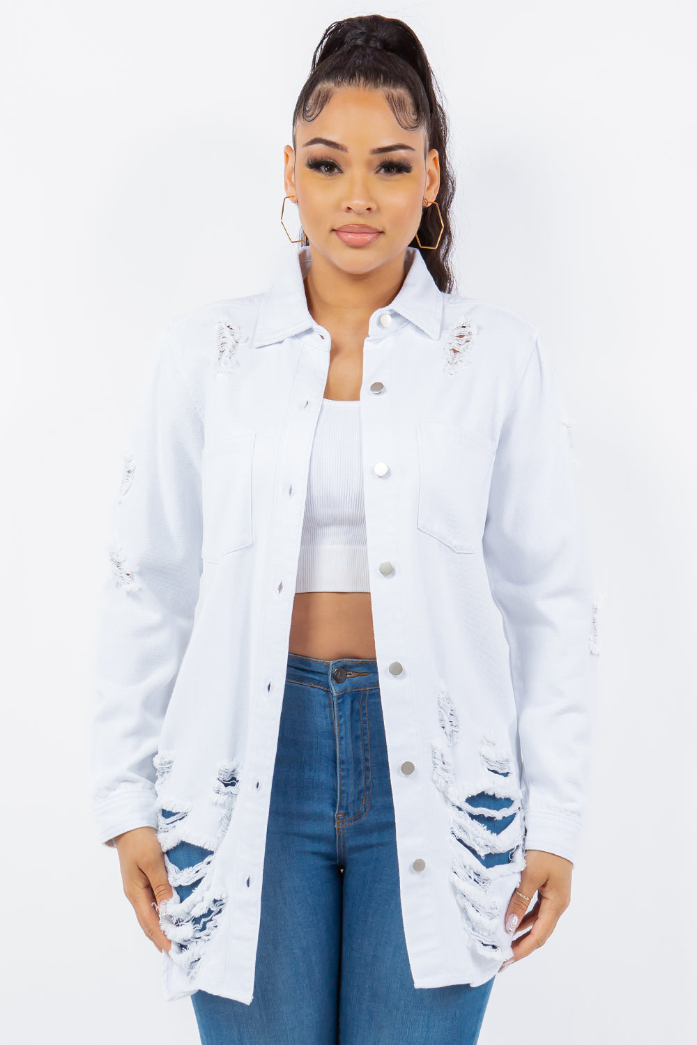 American Bazi Distressed Button Up Long Sleeve Denim Jacket White